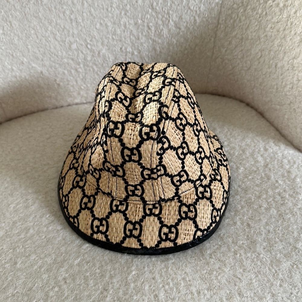 Gucci raffia natural and black GG bucket hat beige tan wicker - Picture 3 of 6